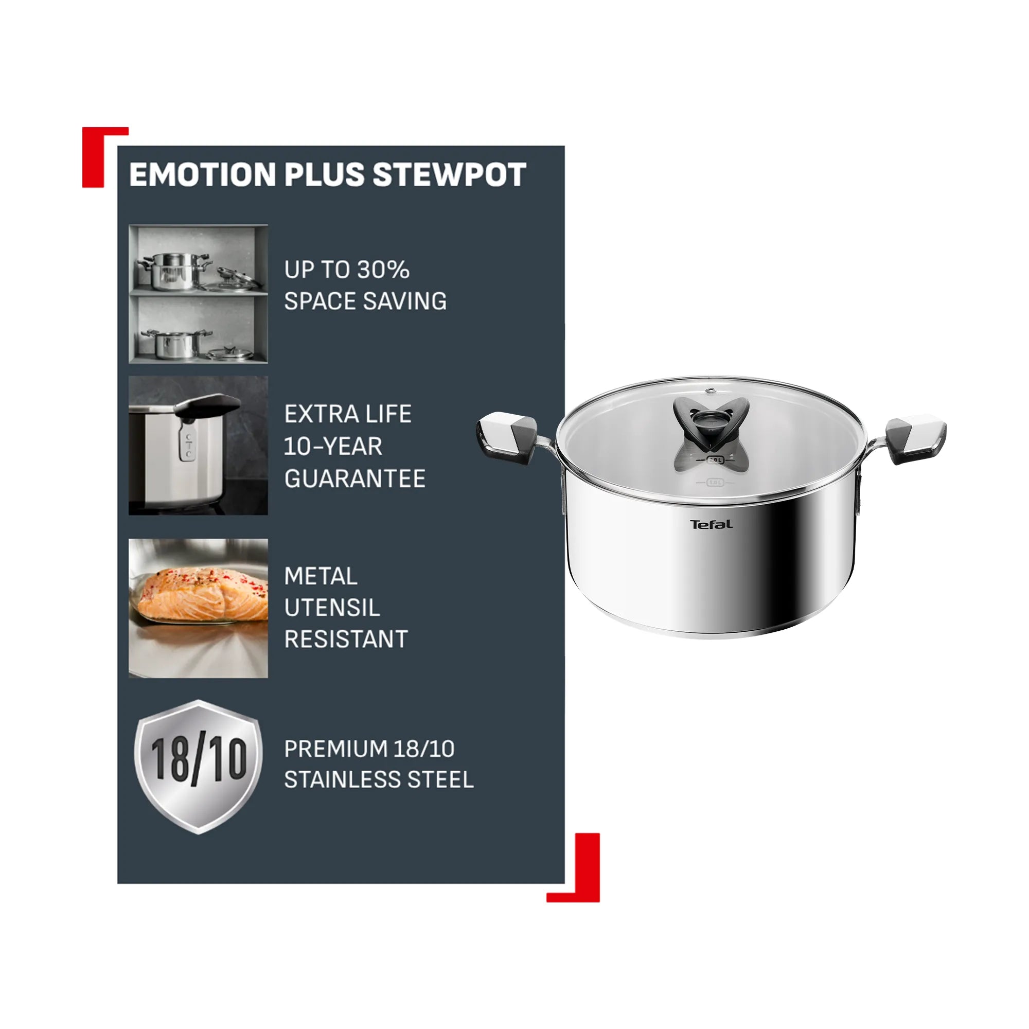 Tefal Space+ Emotion+ Induction Stainless Steel Uncoated Stewpot 24cm + Lid