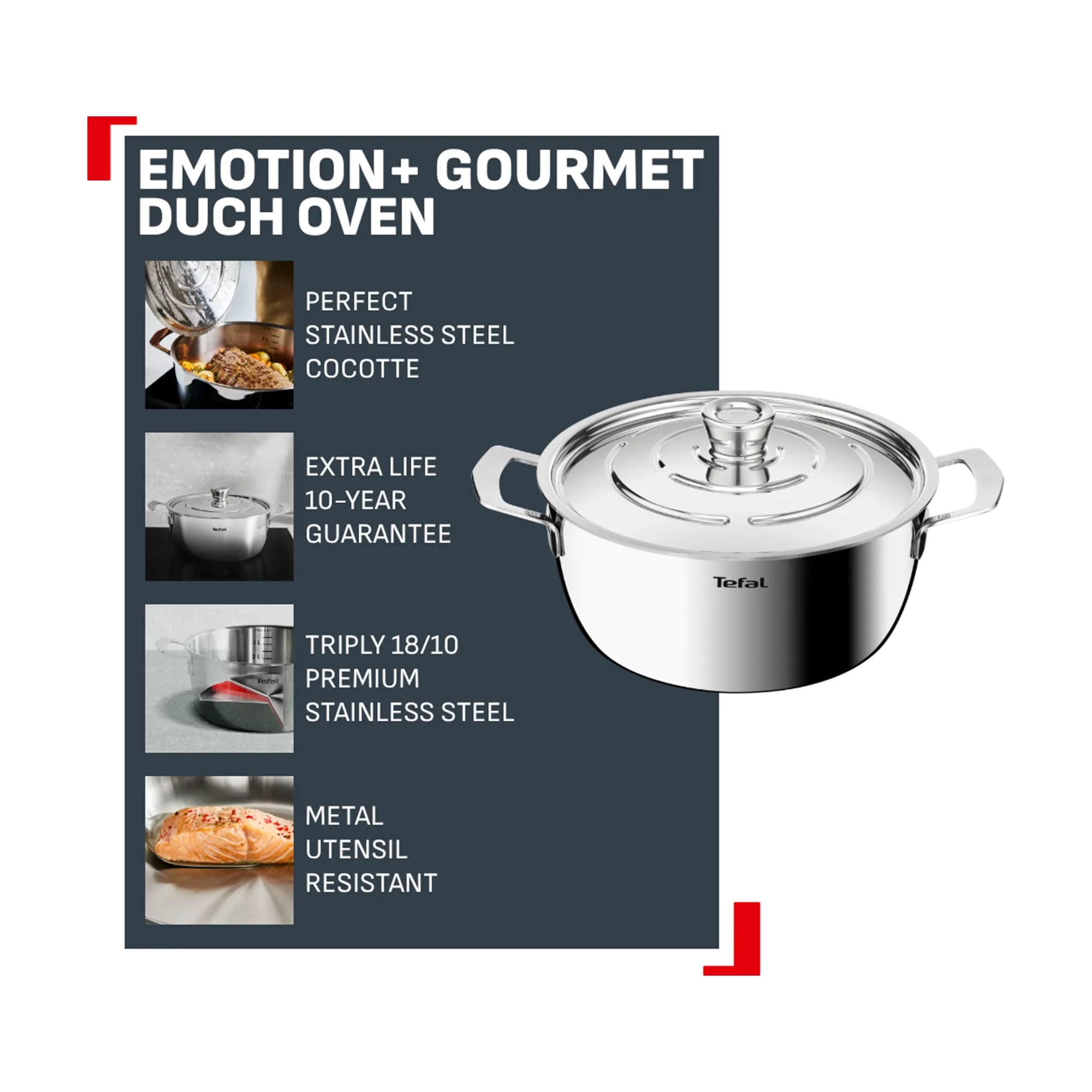 Tefal Emotion+ Gourmet Induction Stainless Steel Uncoated Dutch Oven 24cm