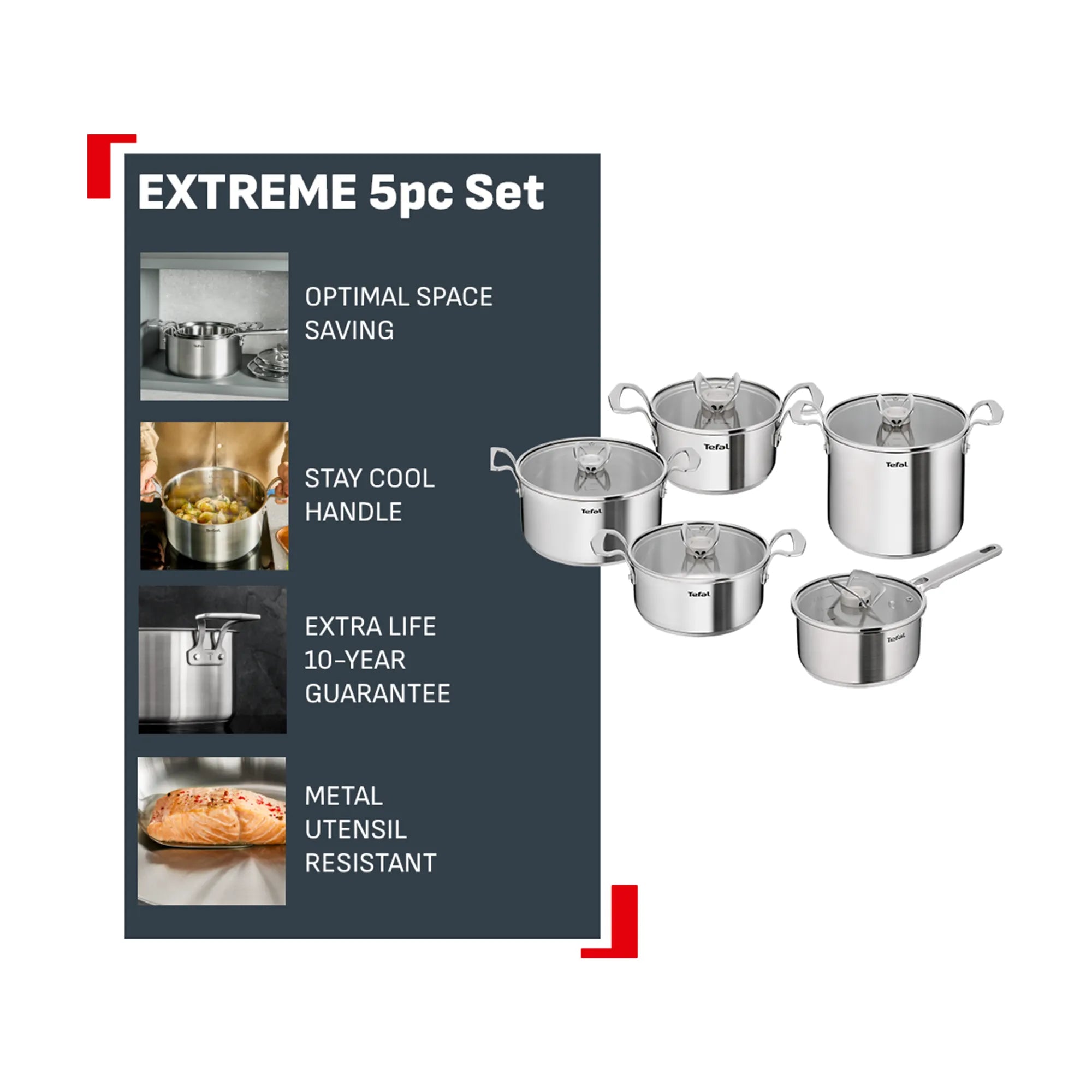 Tefal Space+ Extreme Induction Stainless Steel 5pc Pot Set