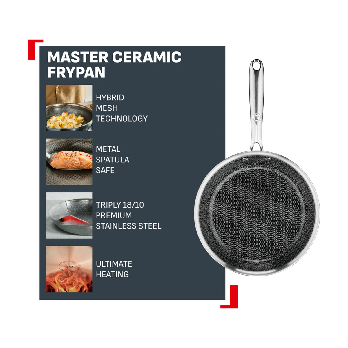 Tefal Master Induction Stainless Steel Ceramic Hybrid Mesh Frypan 20cm Features