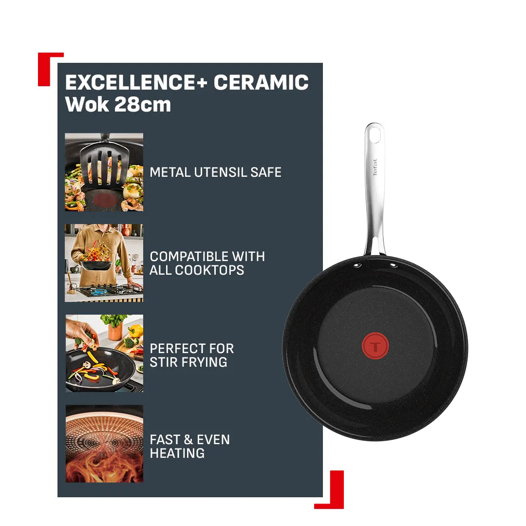 Tefal Excellence+ Ceramic Induction Non-Stick Wok 28cm Features