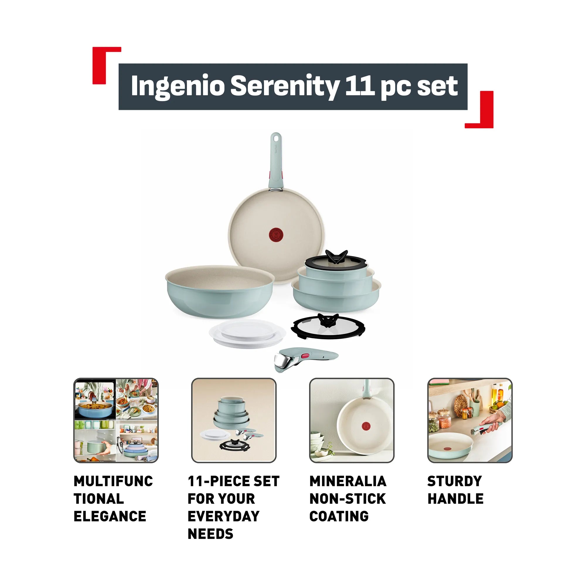 Tefal Ingenio Serenity Induction Non-Stick  Eucalyptus 11pc Set