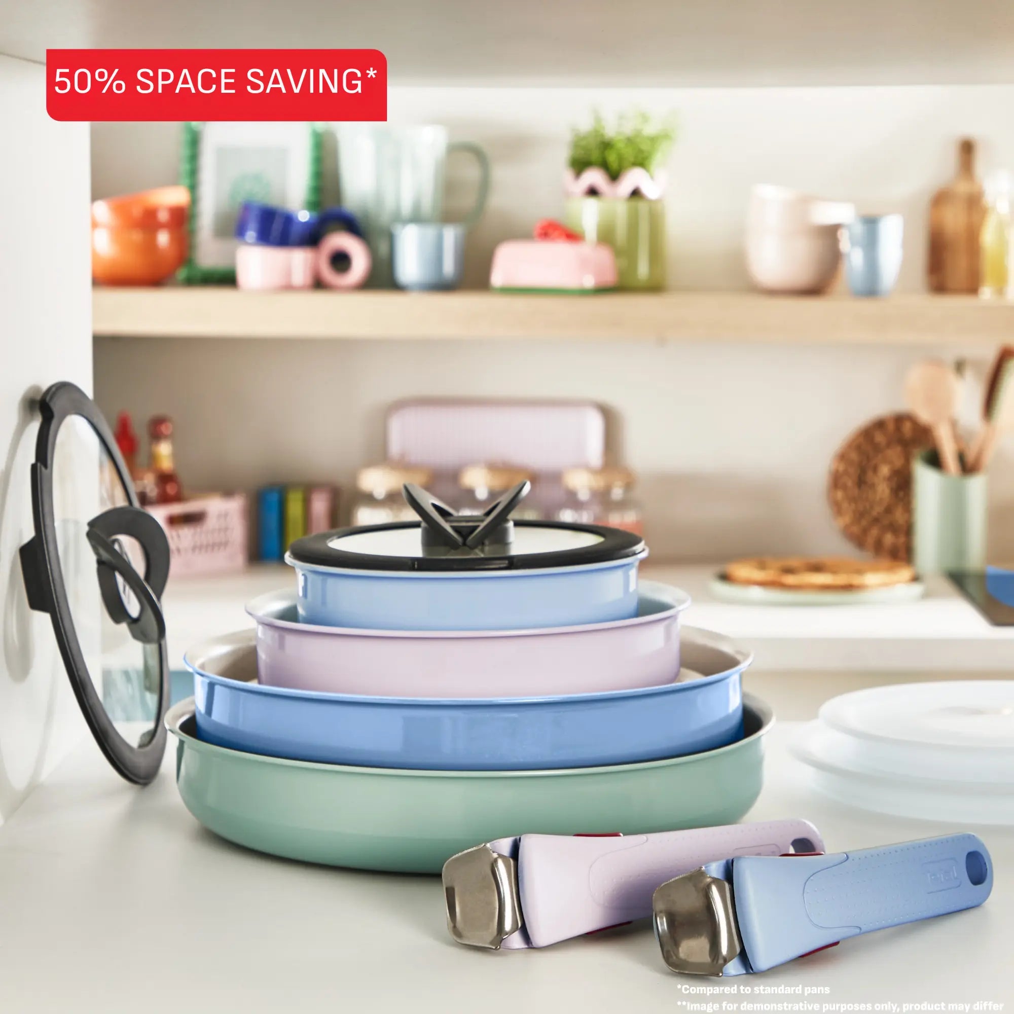 Tefal Ingenio Serenity Induction Non-Stick Calm Blue, Eucalyptus and pink stacked with 50% space saving