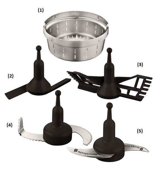 accessories of the Companion: steaming basket, mixer, beater, kneading/crushing knife, ultrablade cutting knife, flat base