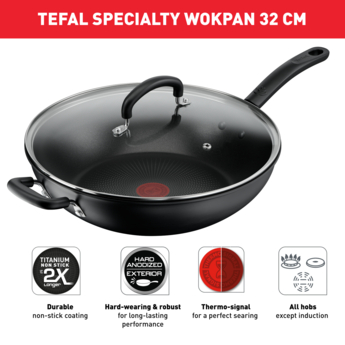 TEFAL Specialty Hard Anodised Non-Stick Wok 32cm + Lid B4849417